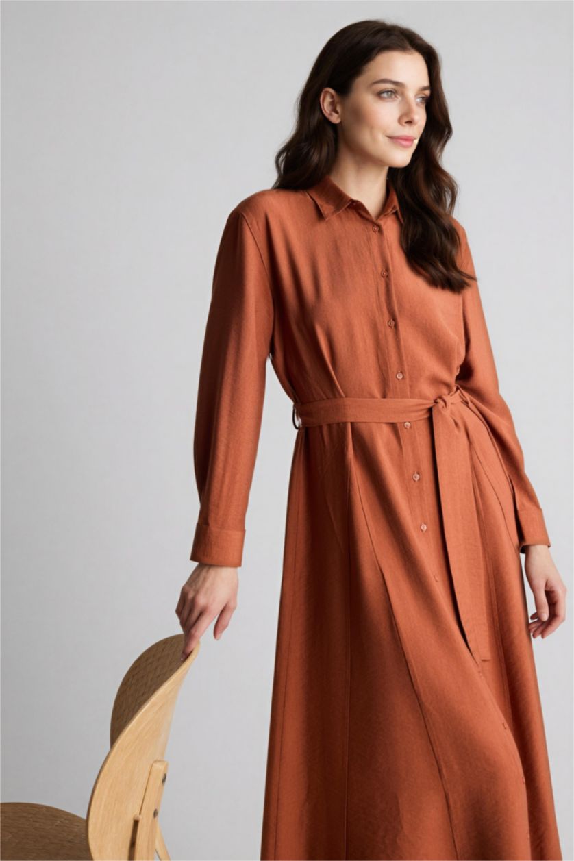 FEMME Marron Clair Robe Tissée À Manches Longues