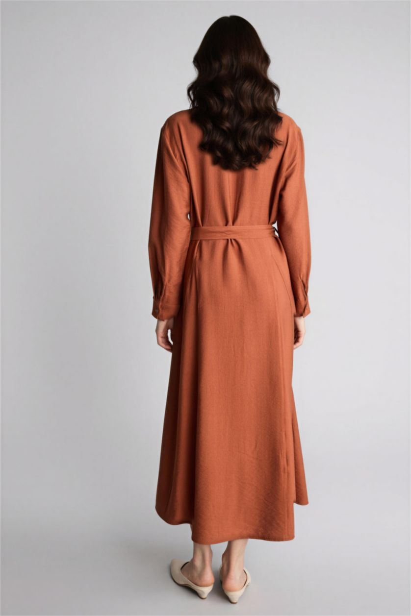 FEMME Marron Clair Robe Tissée À Manches Longues