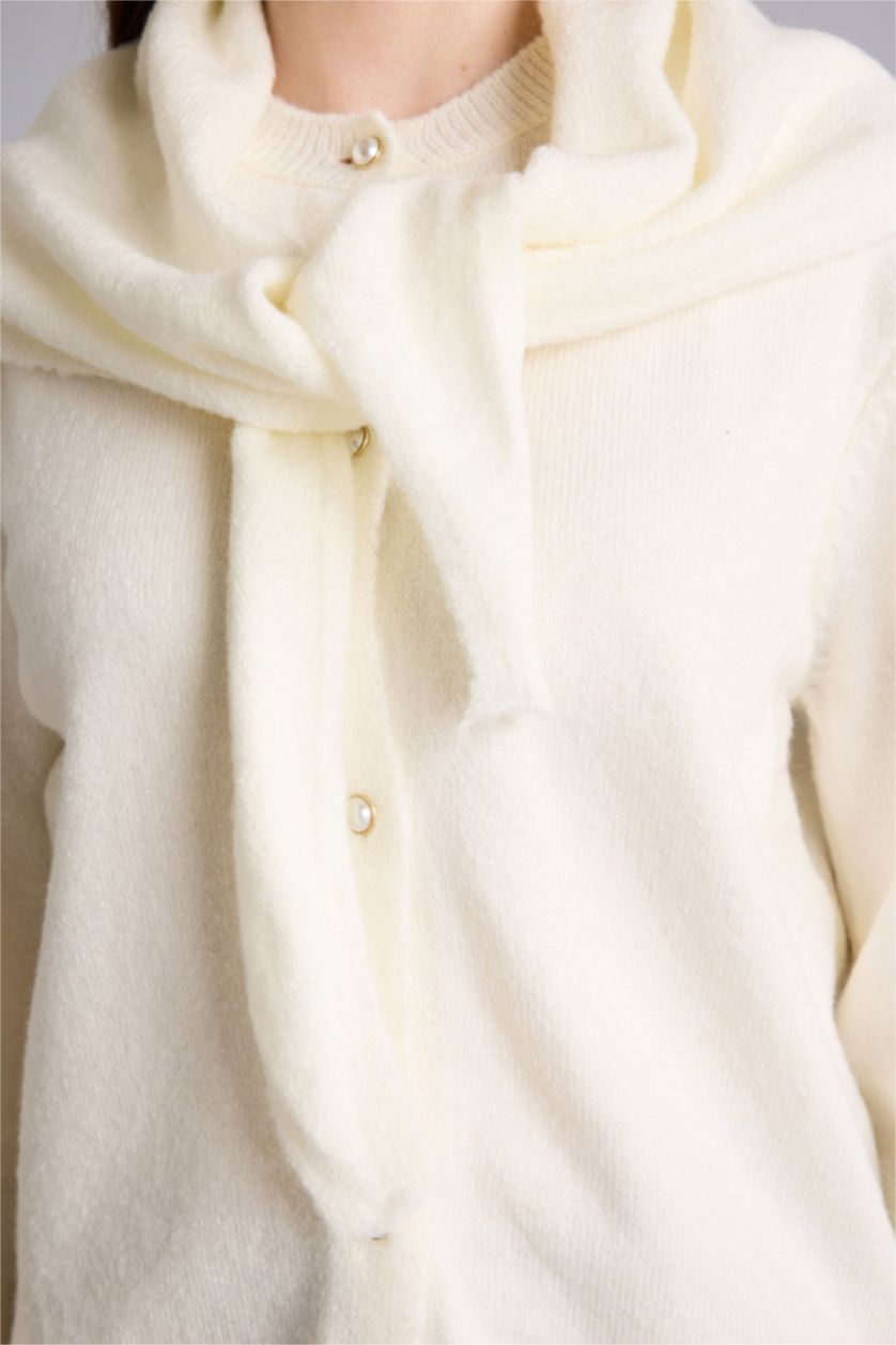 Kadın Ekru Atkılı Triko Hırka