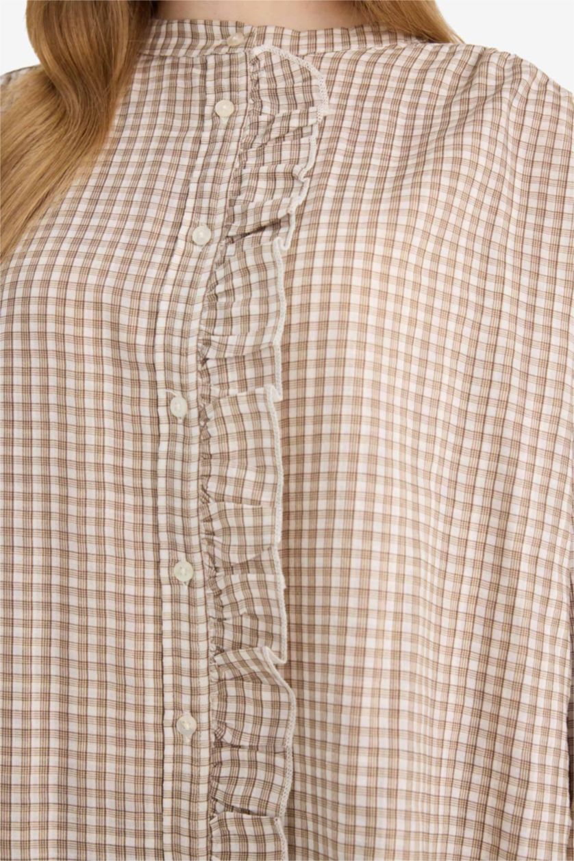 Kadın Ekru Regular Fıt Kareli Uzun Kollu Tunik