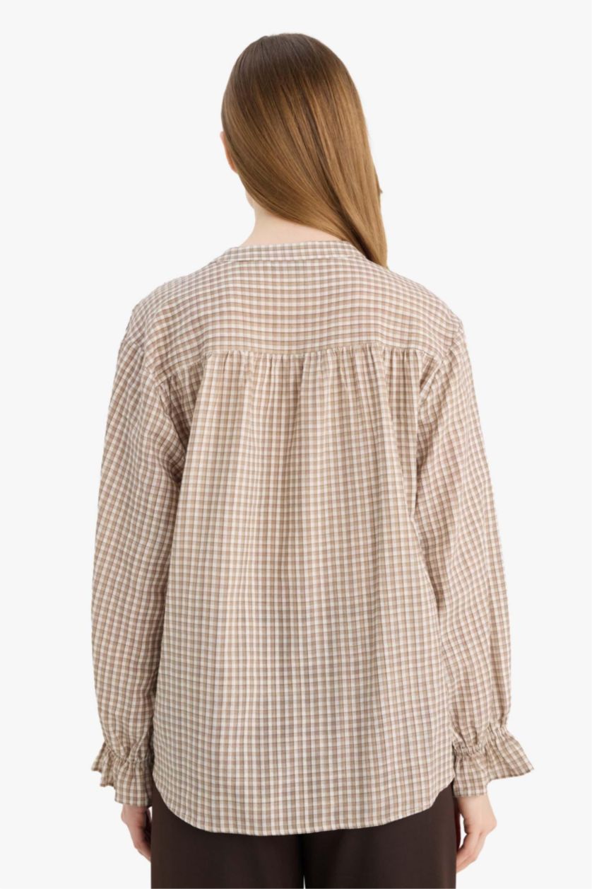 Kadın Ekru Regular Fıt Kareli Uzun Kollu Tunik