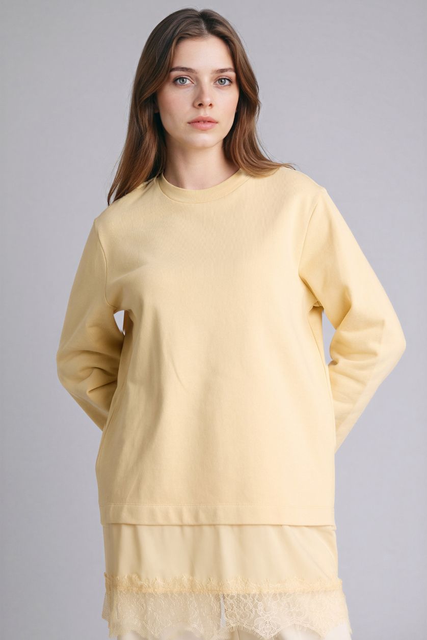 Kadın Sarı Regular Fıt Bisiklet Yaka Sweatshirt Tunik