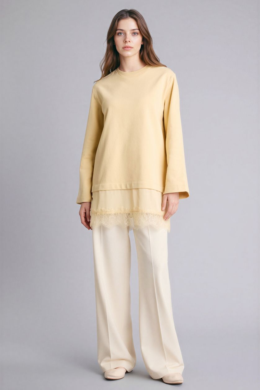 Kadın Sarı Regular Fıt Bisiklet Yaka Sweatshirt Tunik