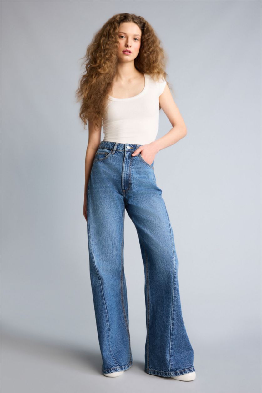 Әйелдерге Көк Wide Leg жоғары белді тік балақ ұзын джинс шалбар