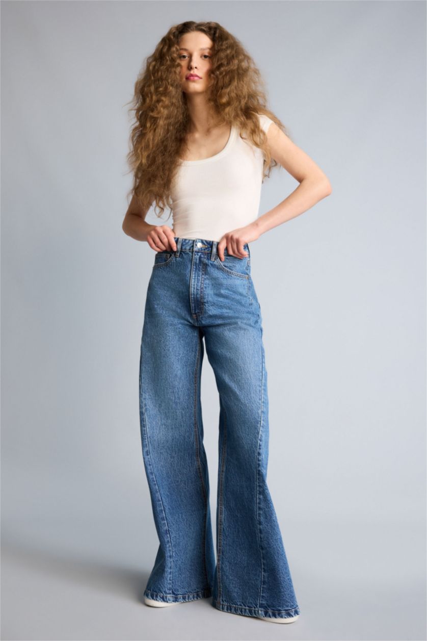 Әйелдерге Көк Wide Leg жоғары белді тік балақ ұзын джинс шалбар