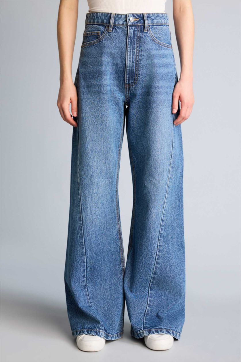 Әйелдерге Көк Wide Leg жоғары белді тік балақ ұзын джинс шалбар