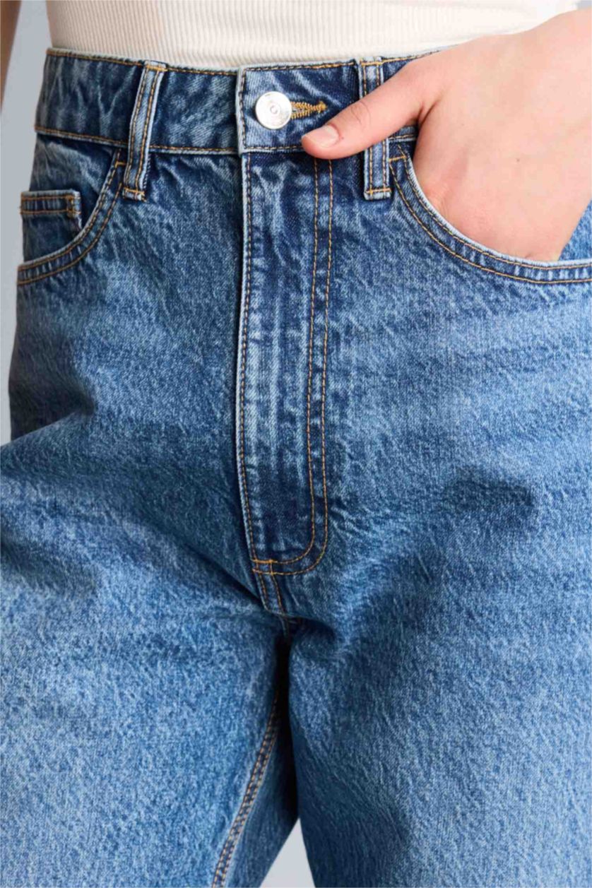 Әйелдерге Көк Wide Leg жоғары белді тік балақ ұзын джинс шалбар