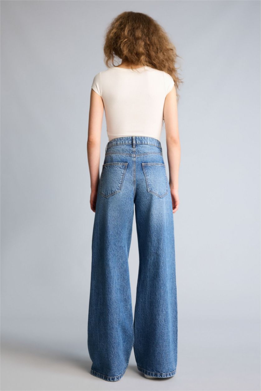 Әйелдерге Көк Wide Leg жоғары белді тік балақ ұзын джинс шалбар