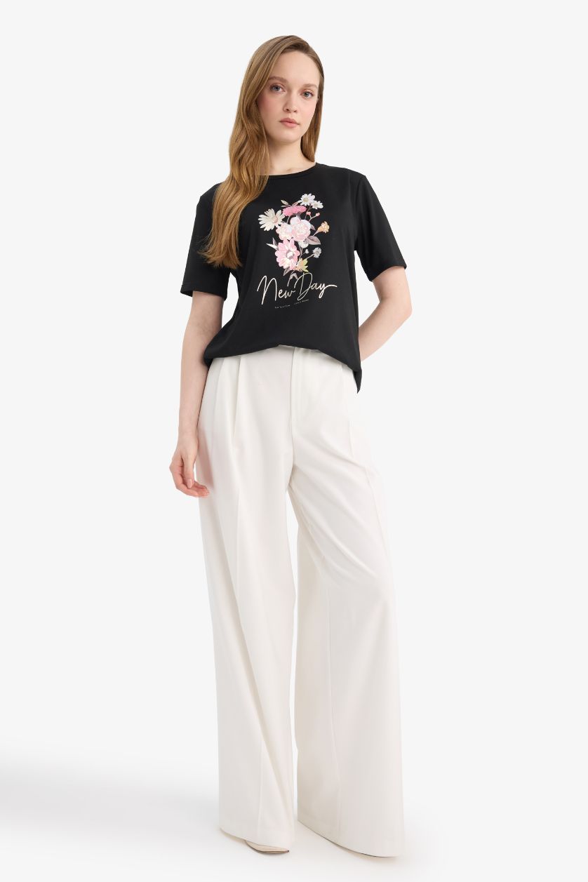 WOMAN Black Regular Fit Crepe Neck Floral Short Sleeve T-Shirt