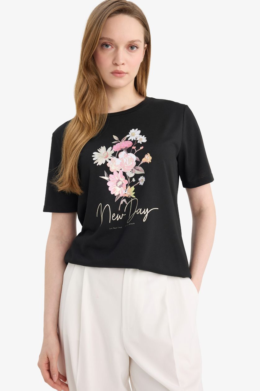 WOMAN Black Regular Fit Crepe Neck Floral Short Sleeve T-Shirt
