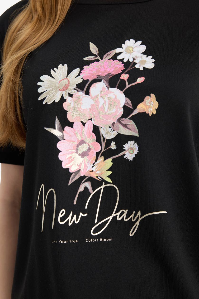 WOMAN Black Regular Fit Crepe Neck Floral Short Sleeve T-Shirt