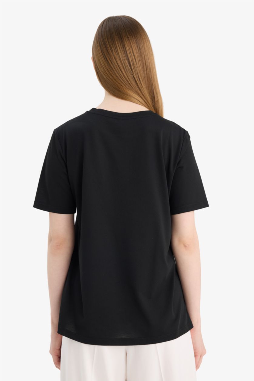 WOMAN Black Regular Fit Crepe Neck Floral Short Sleeve T-Shirt