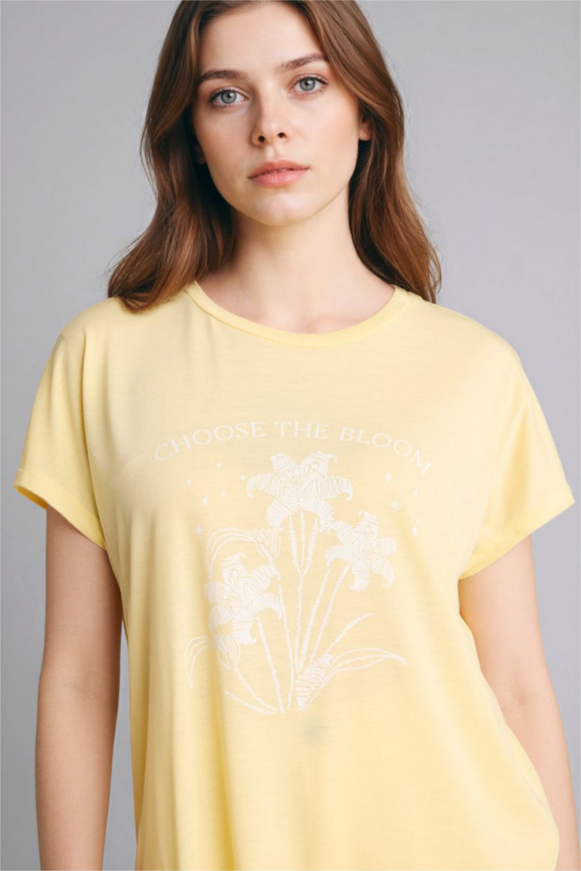 نساء أصفر فاتح تيشيرت فلورال نص ردن وياخة مستديرة