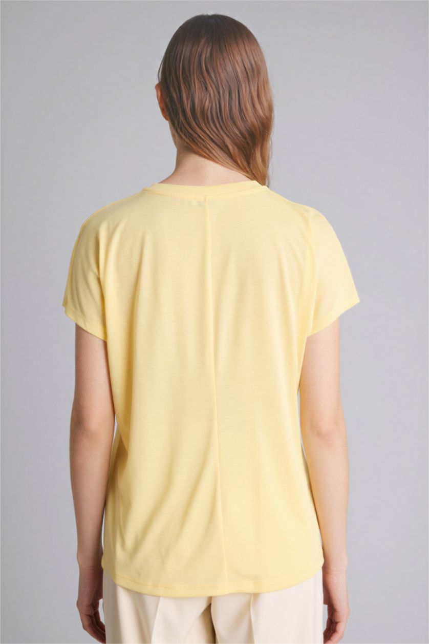 نساء أصفر فاتح تيشيرت فلورال نص ردن وياخة مستديرة