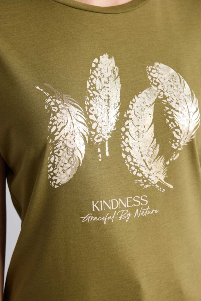 Kadın Haki Baskılı Kısa Kollu Tişört