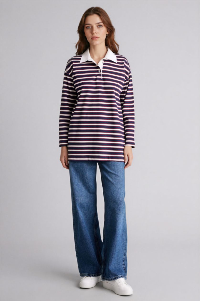 Woman NAVY قميص مخطط طويل ردن طويل قصة عادية