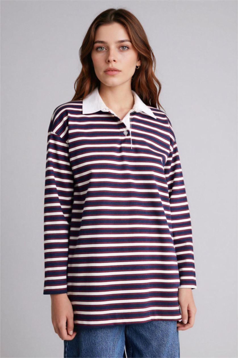 Woman NAVY قميص مخطط طويل ردن طويل قصة عادية