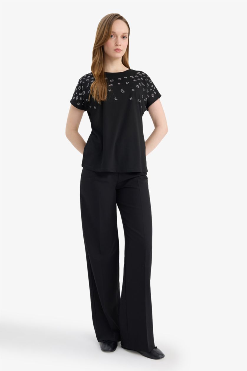 WOMAN Black Crew Neck Stone Print Short Sleeve T-Shirt