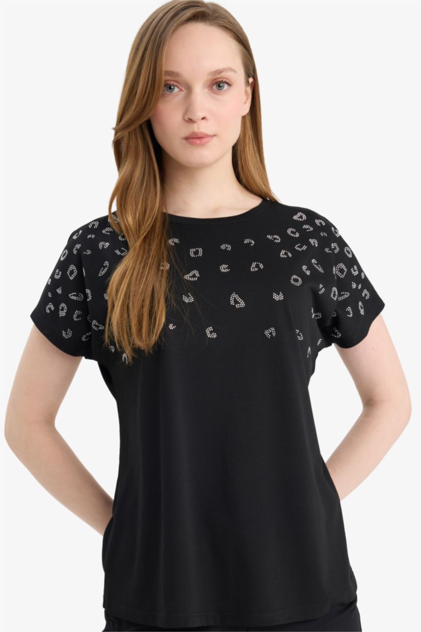 WOMAN Black Crew Neck Stone Print Short Sleeve T-Shirt