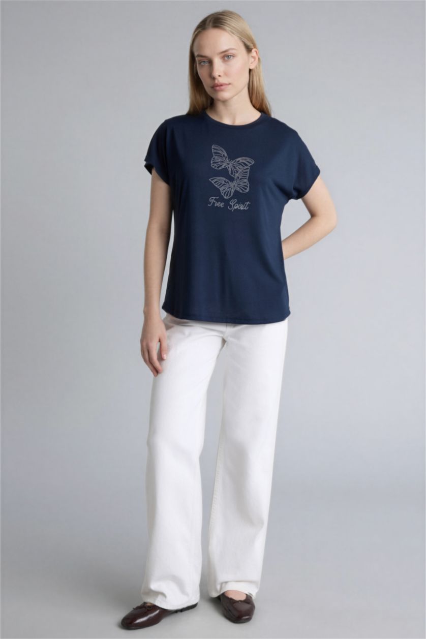 حريمي كحلي تيشيرت نص كم برقبة مستديرة بطبعة