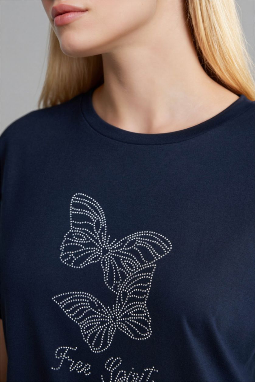 حريمي كحلي تيشيرت نص كم برقبة مستديرة بطبعة