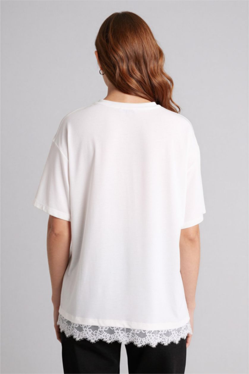 Kadın Ekru Relax Fıt Bisiklet Yaka Kısa Kollu Tişört