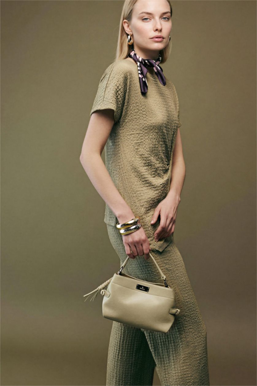 WOMAN Light Khaki Asymmetric Boat Neck Crinkle T-Shirt