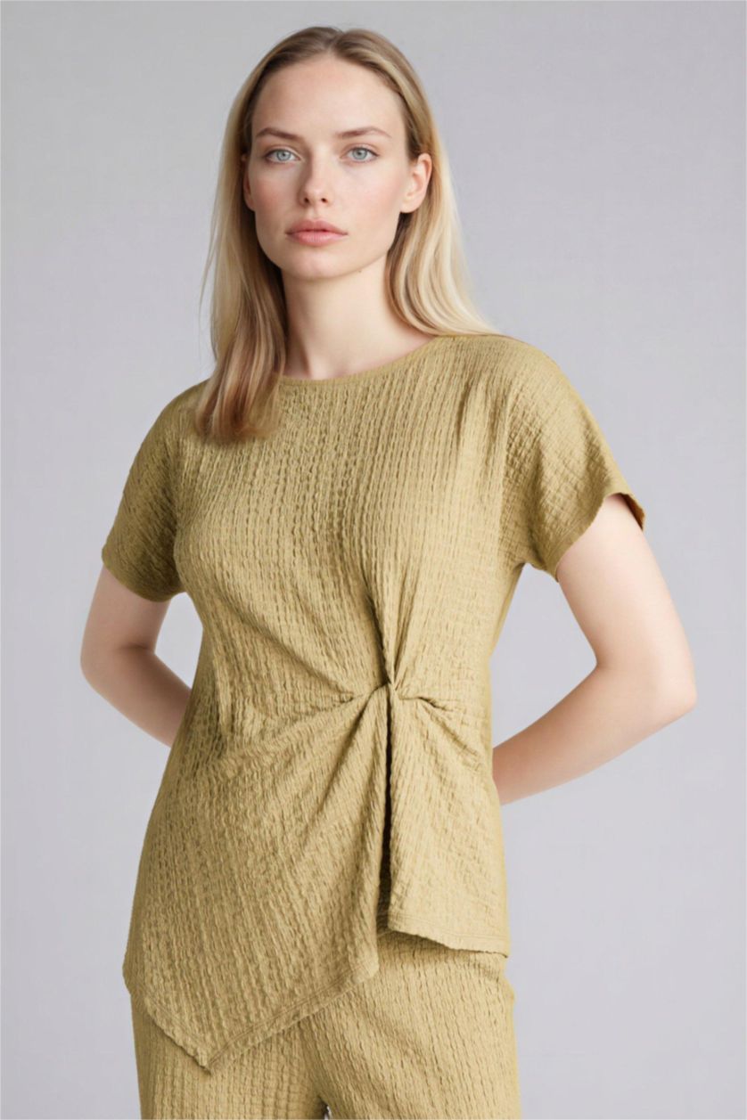 WOMAN Light Khaki Asymmetric Boat Neck Crinkle T-Shirt