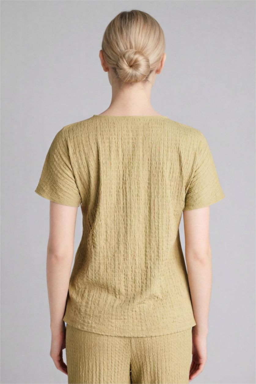 WOMAN Light Khaki Asymmetric Boat Neck Crinkle T-Shirt