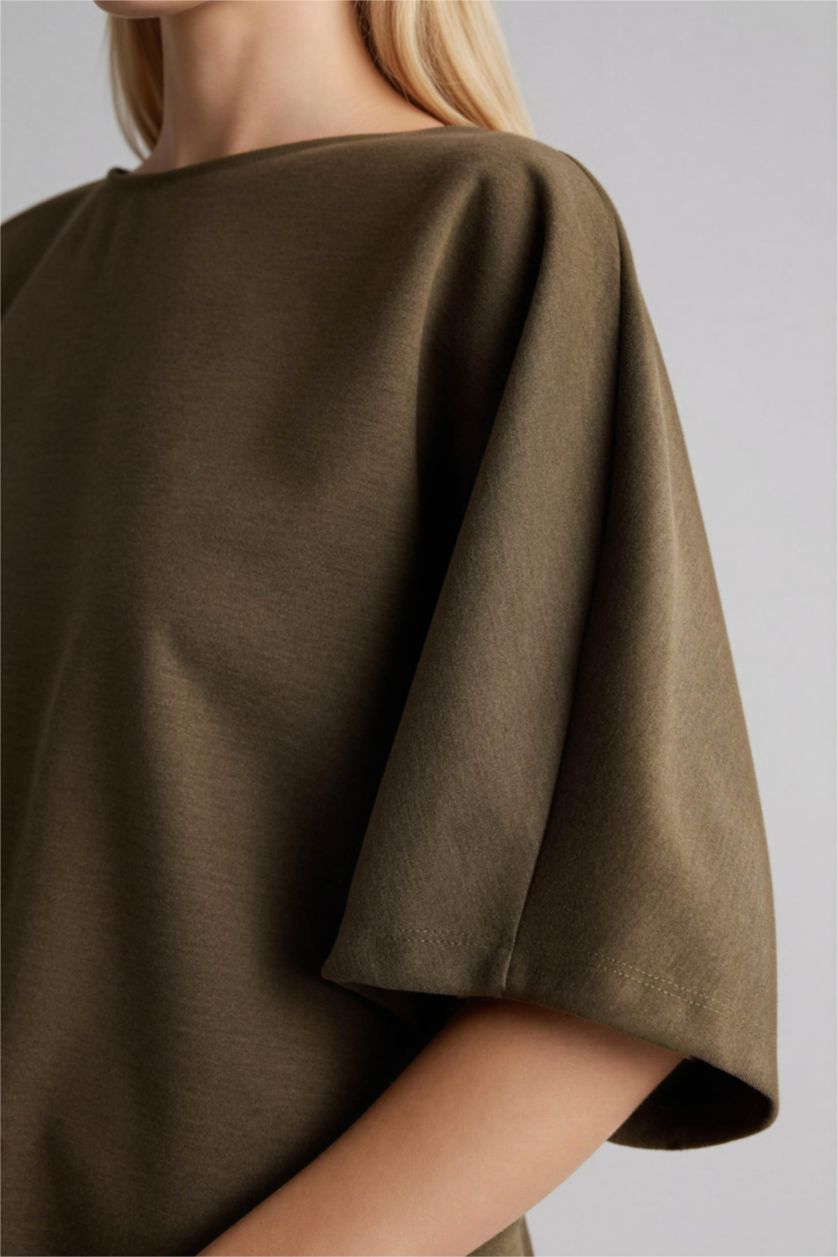 نساء كاكي داكن تيشيرت نص ردن وياخة عريضة