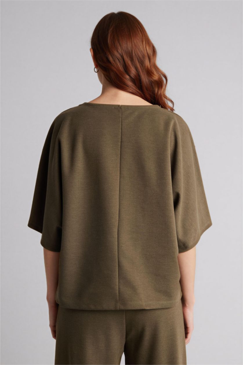 Woman Dark Khaki Boat Neck Shor Sleeve T-Shirt