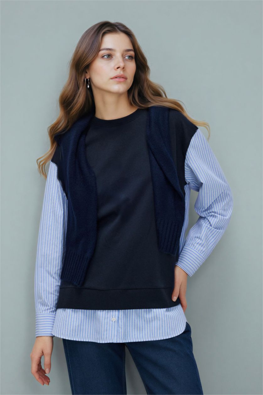 Kadın Lacivert Regular Fıt Bisiklet Yaka Sweatshirt Kumaşı Sweatshirt Tunik