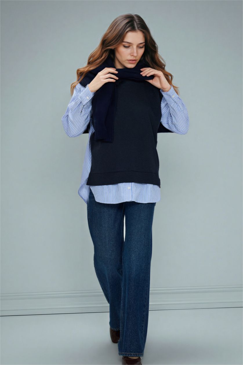 Kadın Lacivert Regular Fıt Bisiklet Yaka Sweatshirt Kumaşı Sweatshirt Tunik