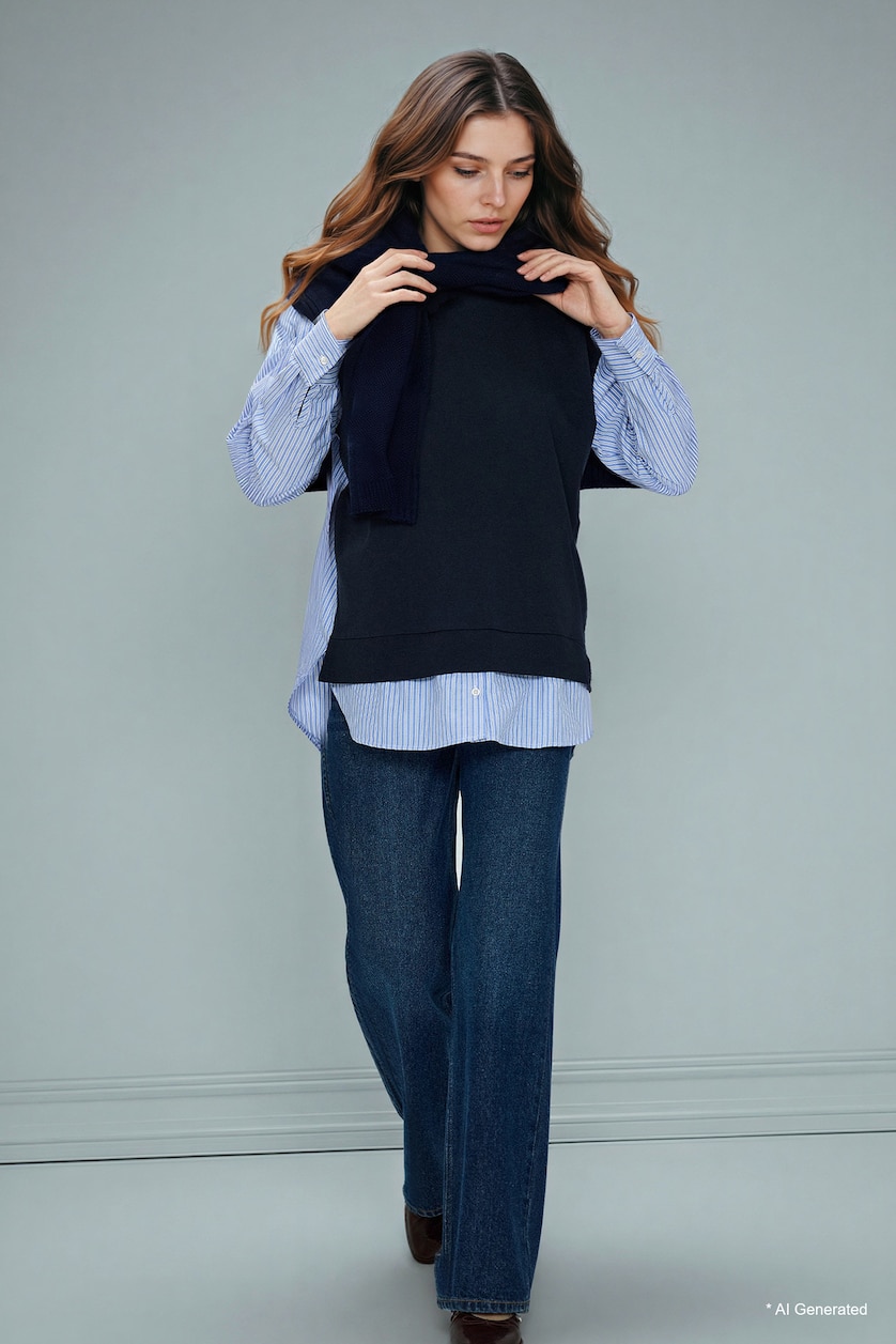 Women NAVY Regular Fit Crew Neck Sweatshirt Fabric Tunic