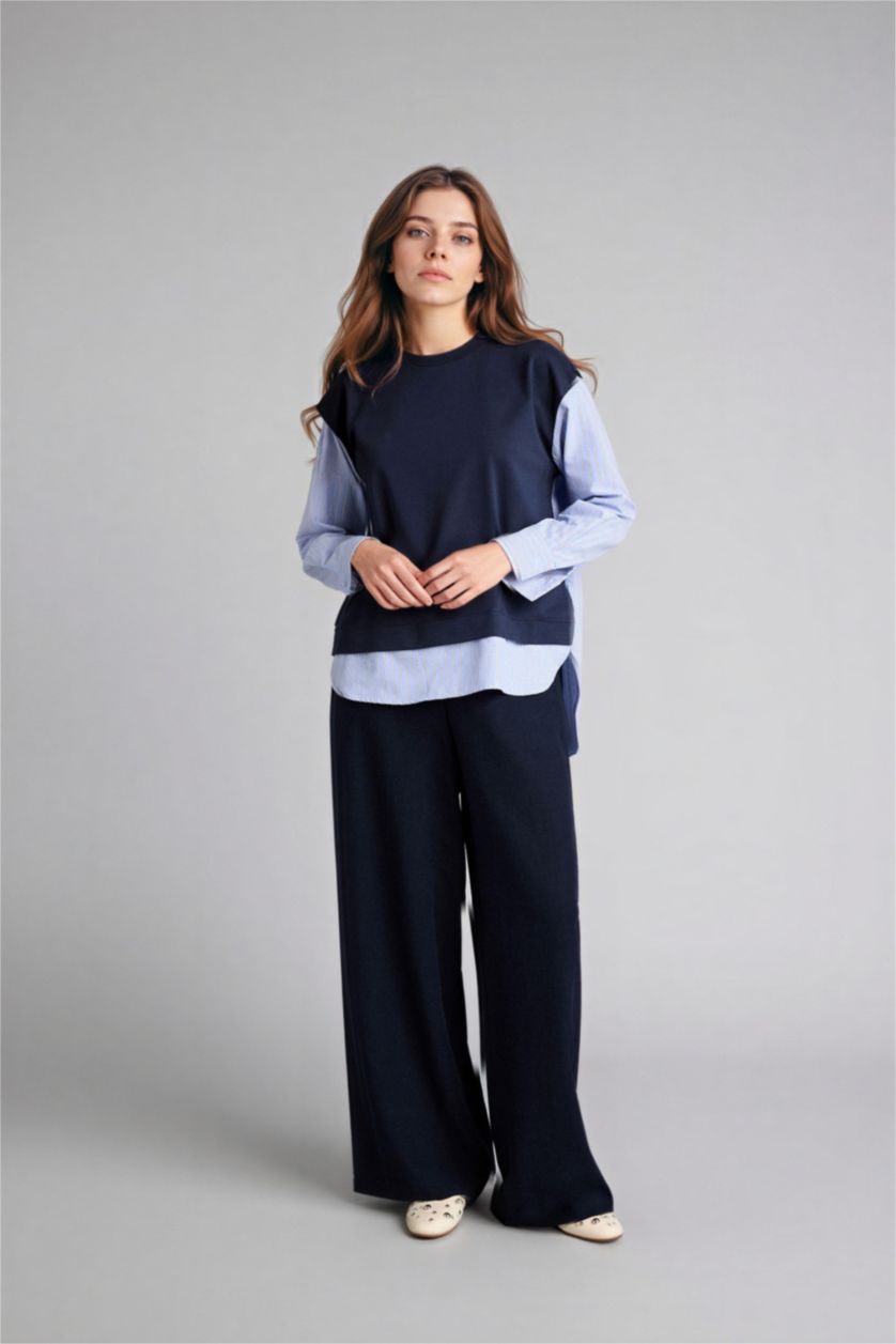 Kadın Lacivert Regular Fıt Bisiklet Yaka Sweatshirt Kumaşı Sweatshirt Tunik