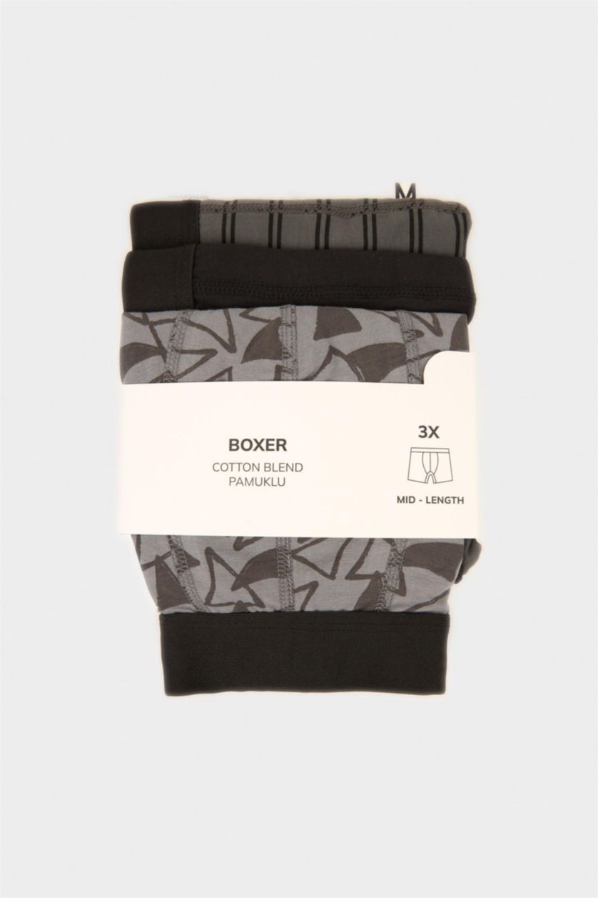 Erkek Gri Regular Fıt Şal Desenli 3'lü Boxer