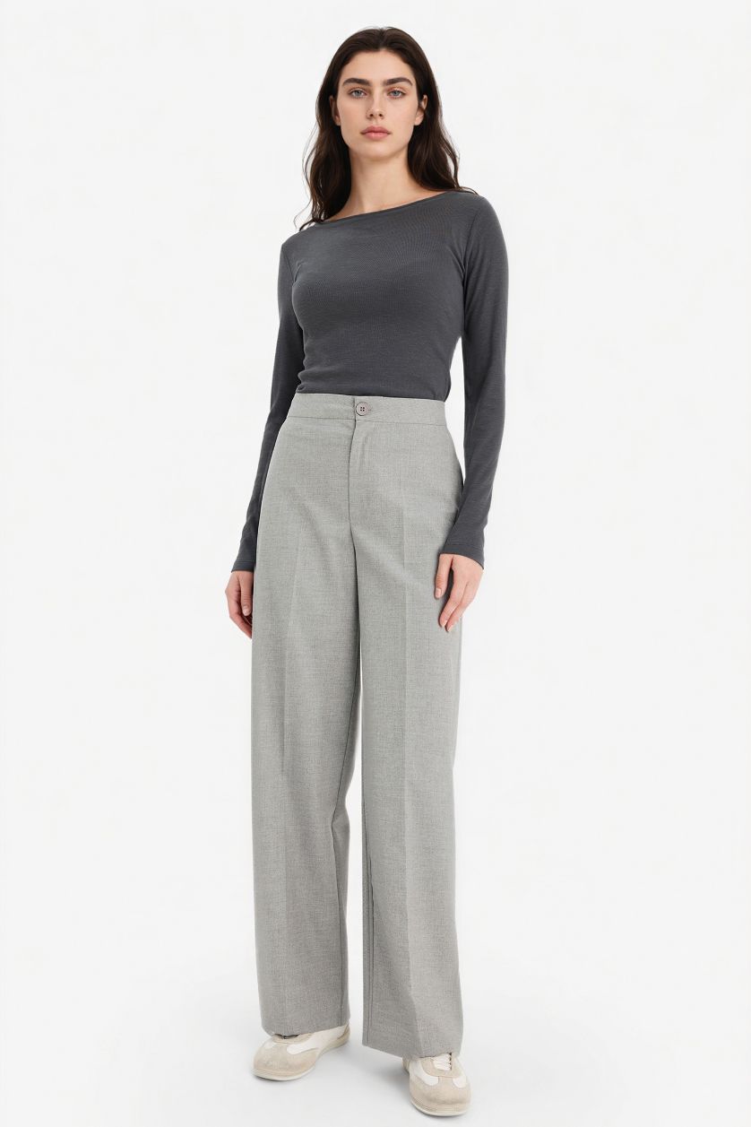 Woman Grey Wide Leg Double Pocket Trousers