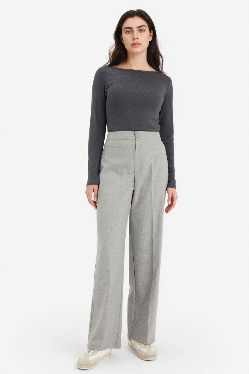 Woman Grey Wide Leg Double Pocket Trousers