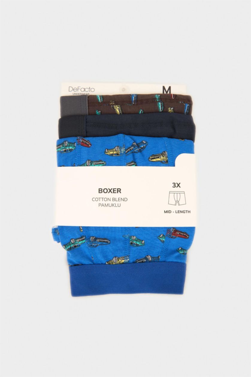 Erkek Lacivert Regular Fıt Baskılı 3'lü Boxer