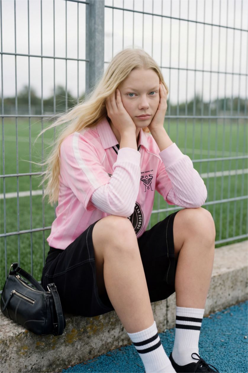 Kadın Açık Pembe MLS Oversıze V Yaka Tişört