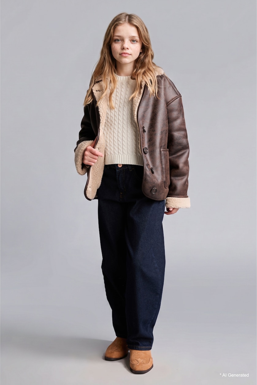 VAJZA & ADOLESHENTE Brown Girl Buttons Plush Lined Faux Suede Jacket