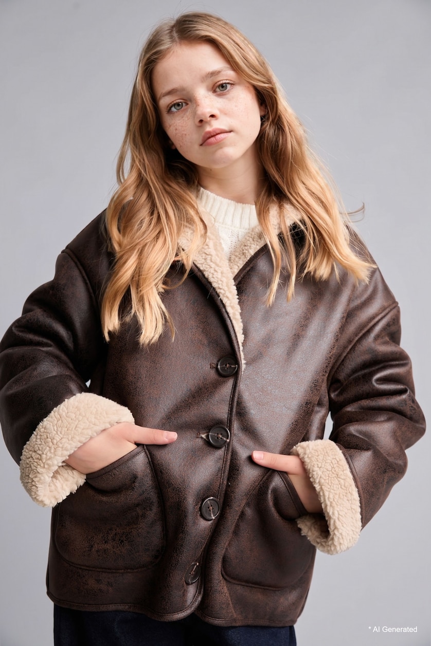 VAJZA & ADOLESHENTE Brown Girl Buttons Plush Lined Faux Suede Jacket