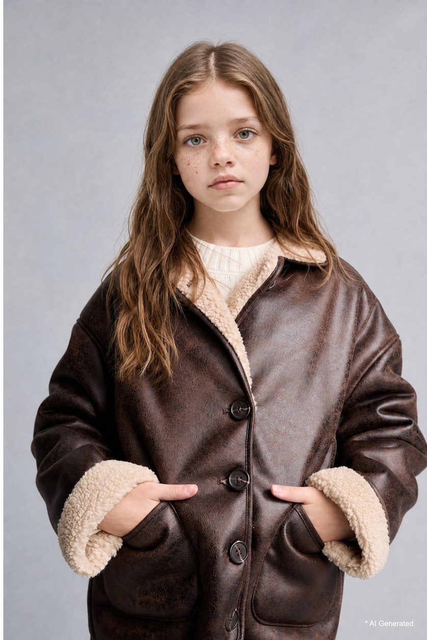 VAJZA & ADOLESHENTE Brown Girl Buttons Plush Lined Faux Suede Jacket