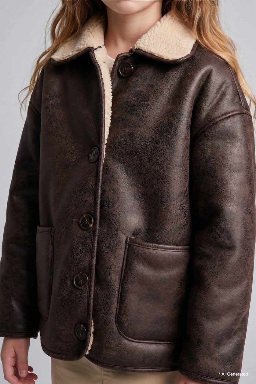 VAJZA & ADOLESHENTE Brown Girl Buttons Plush Lined Faux Suede Jacket