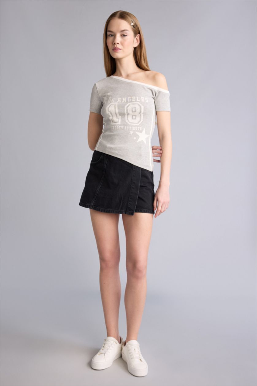 Kadın Gri Melanj Ribana Baskılı Tişört