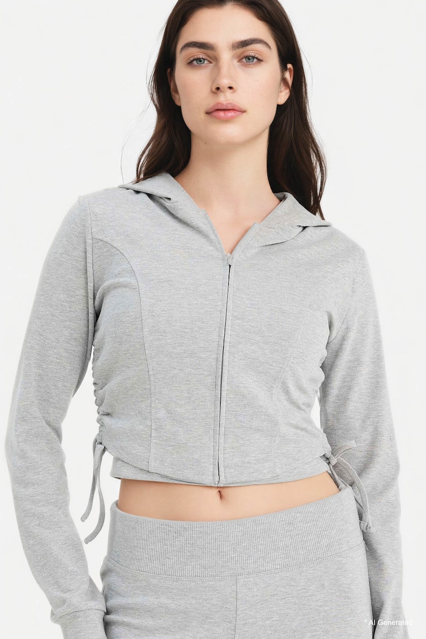 Kadın Gri Melanj Büzgülü Kapüşonlu Crop Basic Hırka