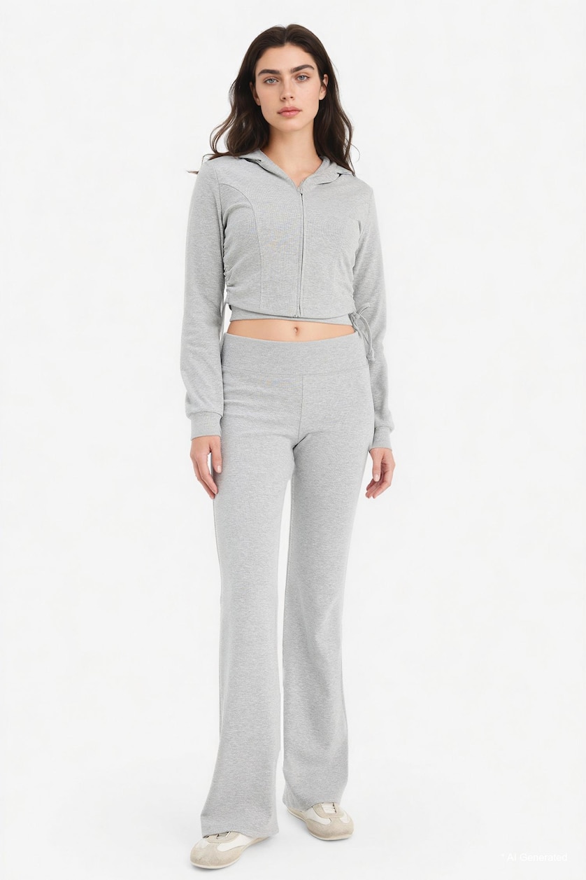 Kadın Gri Melanj Büzgülü Kapüşonlu Crop Basic Hırka