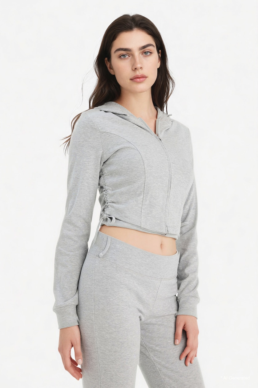 Kadın Gri Melanj Büzgülü Kapüşonlu Crop Basic Hırka