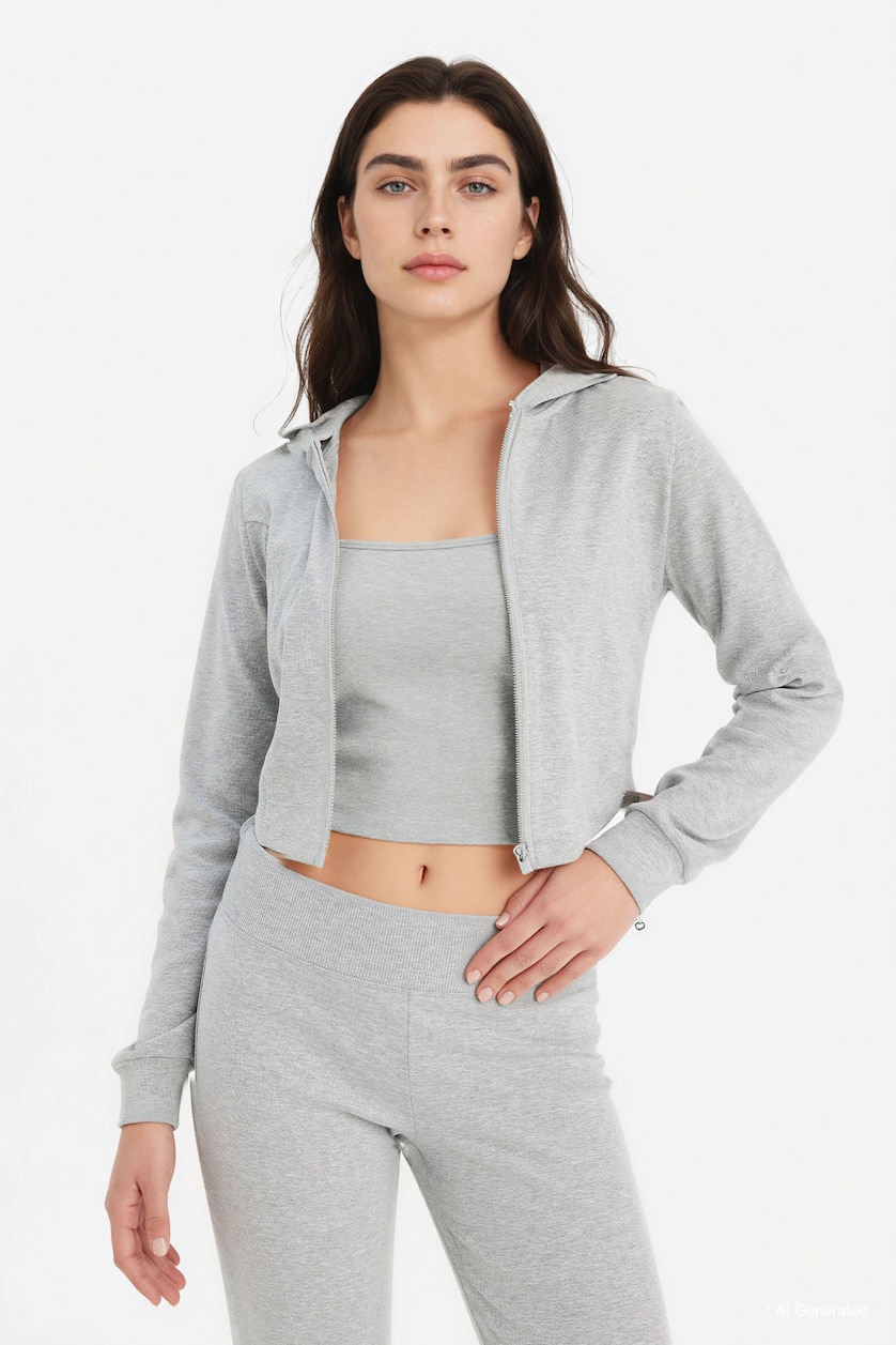 Kadın Gri Melanj Büzgülü Kapüşonlu Crop Basic Hırka