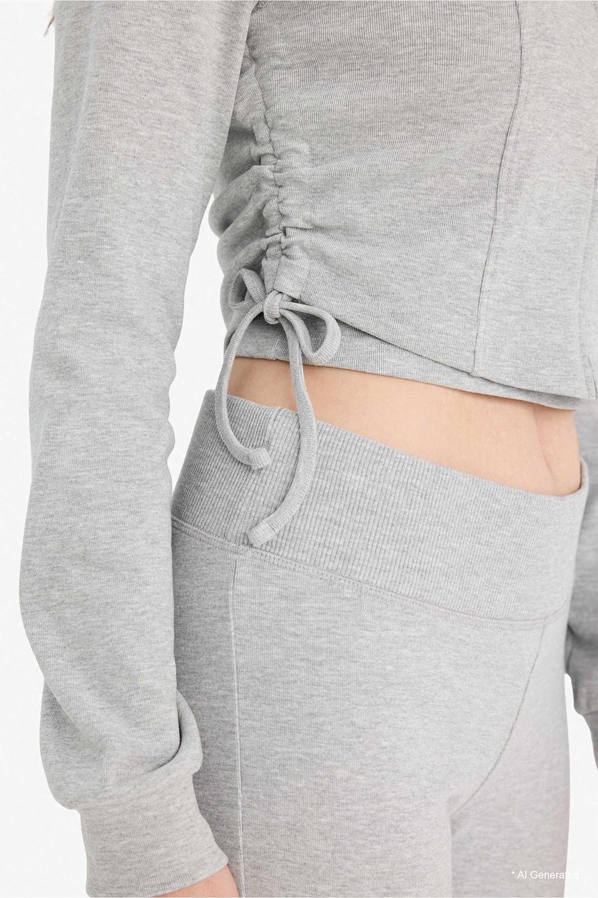 Kadın Gri Melanj Büzgülü Kapüşonlu Crop Basic Hırka